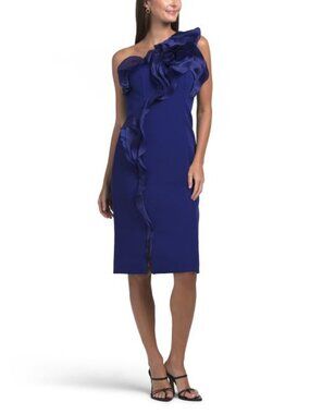 TERI JON Crepe One Shoulder Organza Trim Midi Dress